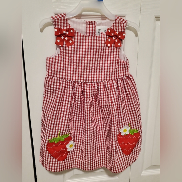 Red Gingham Kids Casual Dress with Strawberry Patches - Picture 1 of 5
